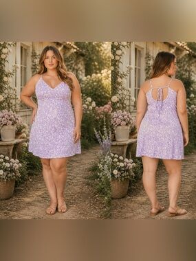 NWOT purple soft Cottagecore SLEEVELESS V-NECK BACK TIE DITSY FLORAL MINI DRESS